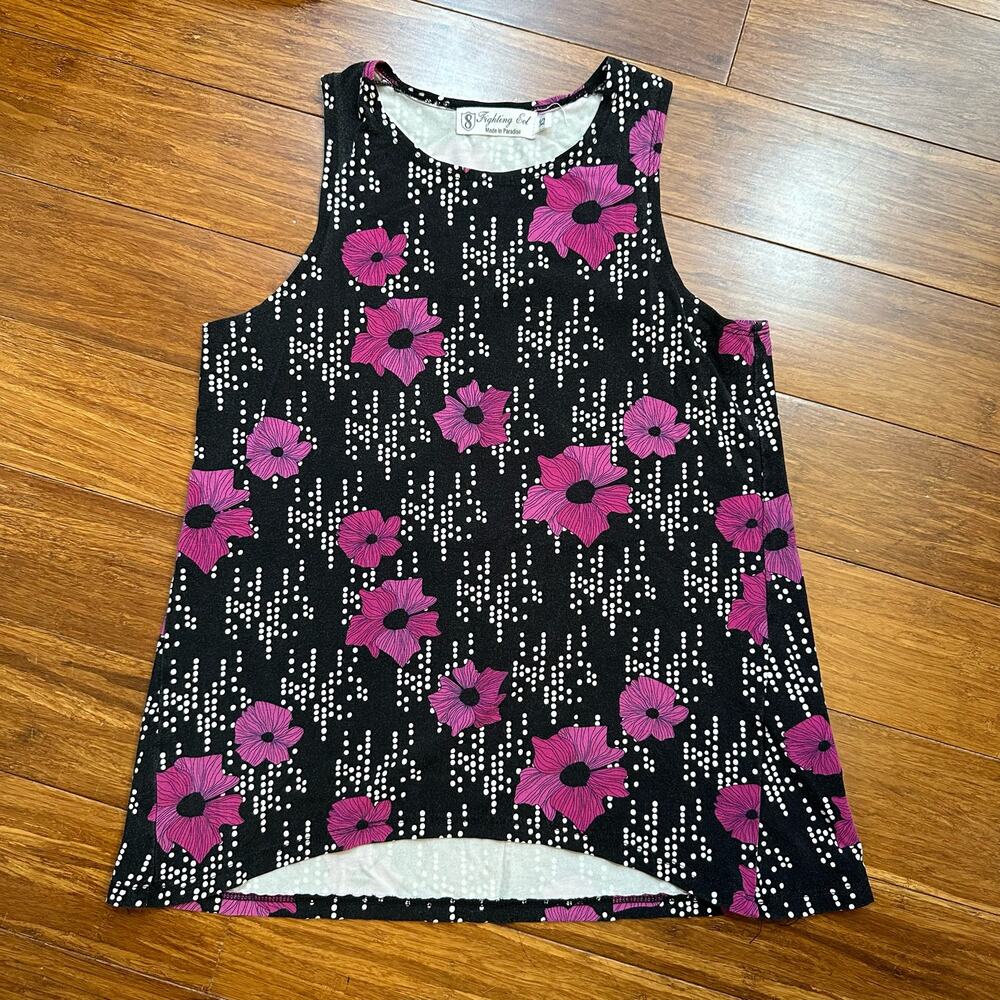 Fighting Eel Tank Oli Top in Black with Purple Flowers, Size X-Small